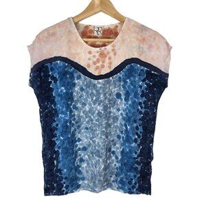 Rachel Rose Silk Blouse‎ Womens S Hand Painted Watercolor Pink Blue Cap Sleeve
